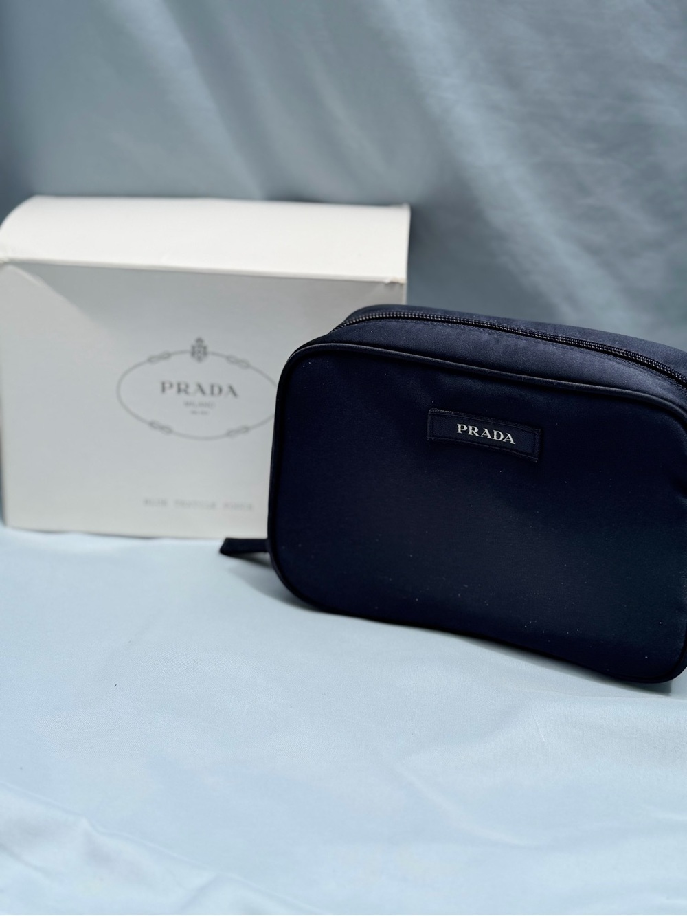 Prada Navy Blue Textile Satin Cosmetic/Travel Toiletry Bag